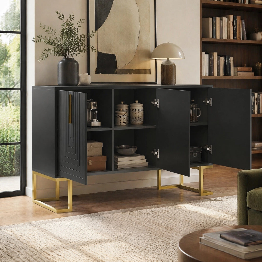Credenza moderna a 3 ante con ripiani regolabili e base in metallo; MDF nero