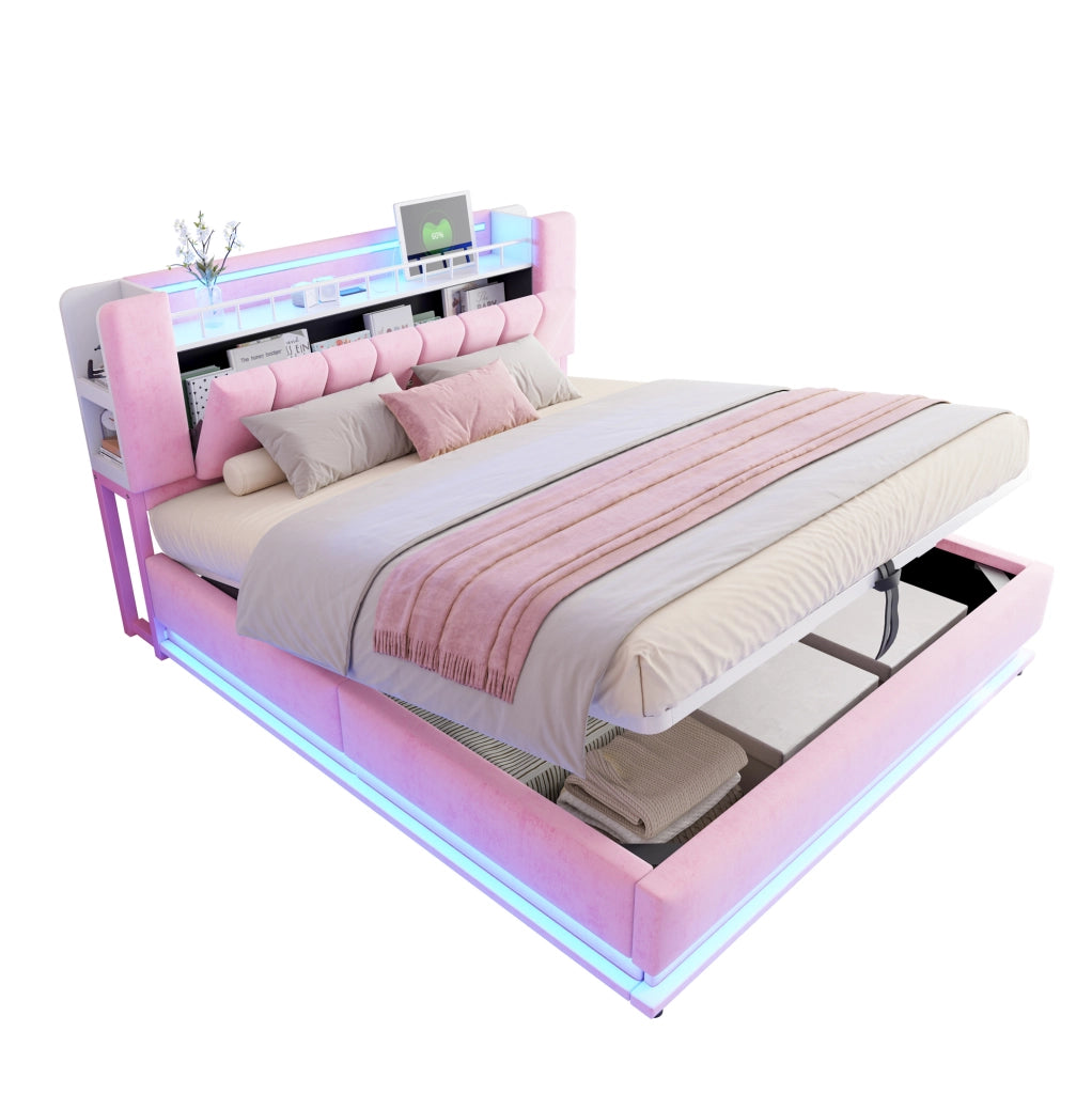 Letto matrimoniale imbottito 180x200 cm con LED, USB e contenitore, rosa