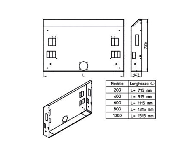 Cassaforma per ventilconvettori ad incasso modello airleaf sli-rsi  Mod.800  dim.(lxhxp)= 1315x142x725 mm  Innova srl