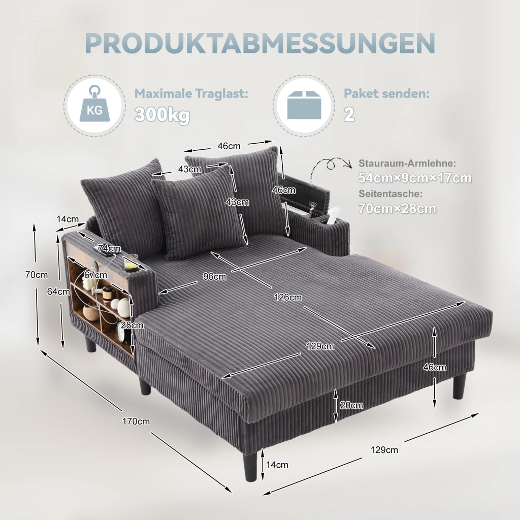 Divano Angolare con Chaise Longue e Contenitore ¨C MINIMAL ¨C Velluto a Coste, LED, USB