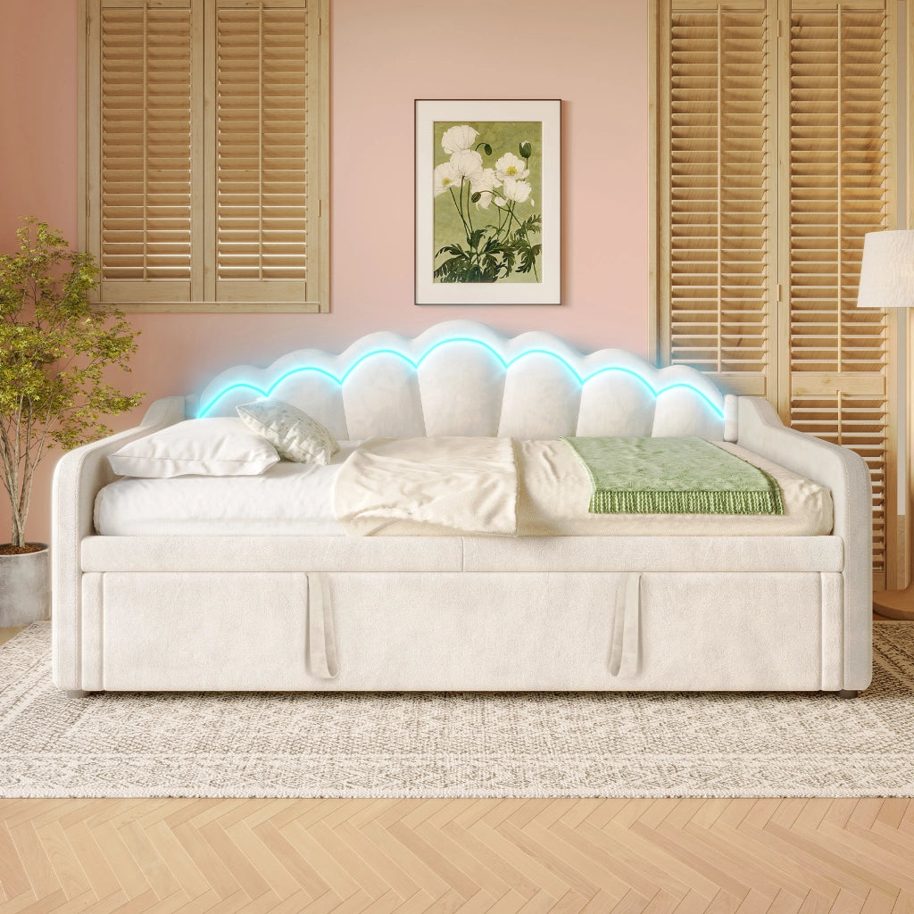 Letto estraibile singolo in velluto beige 90 × 200 cm con LED multicolore e secondo letto