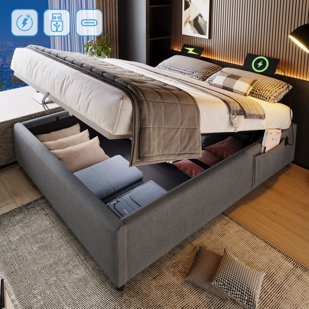 Letto imbottito con contenitore e USB-C, 160x200 cm, cotone grigio
