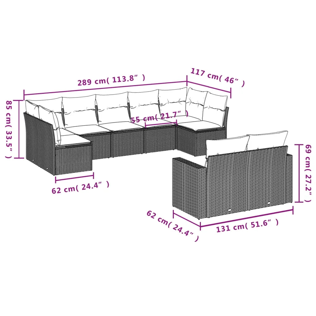 Set Divano da Giardino 9 pz con Cuscini Grigio in Polyrattan 3219410