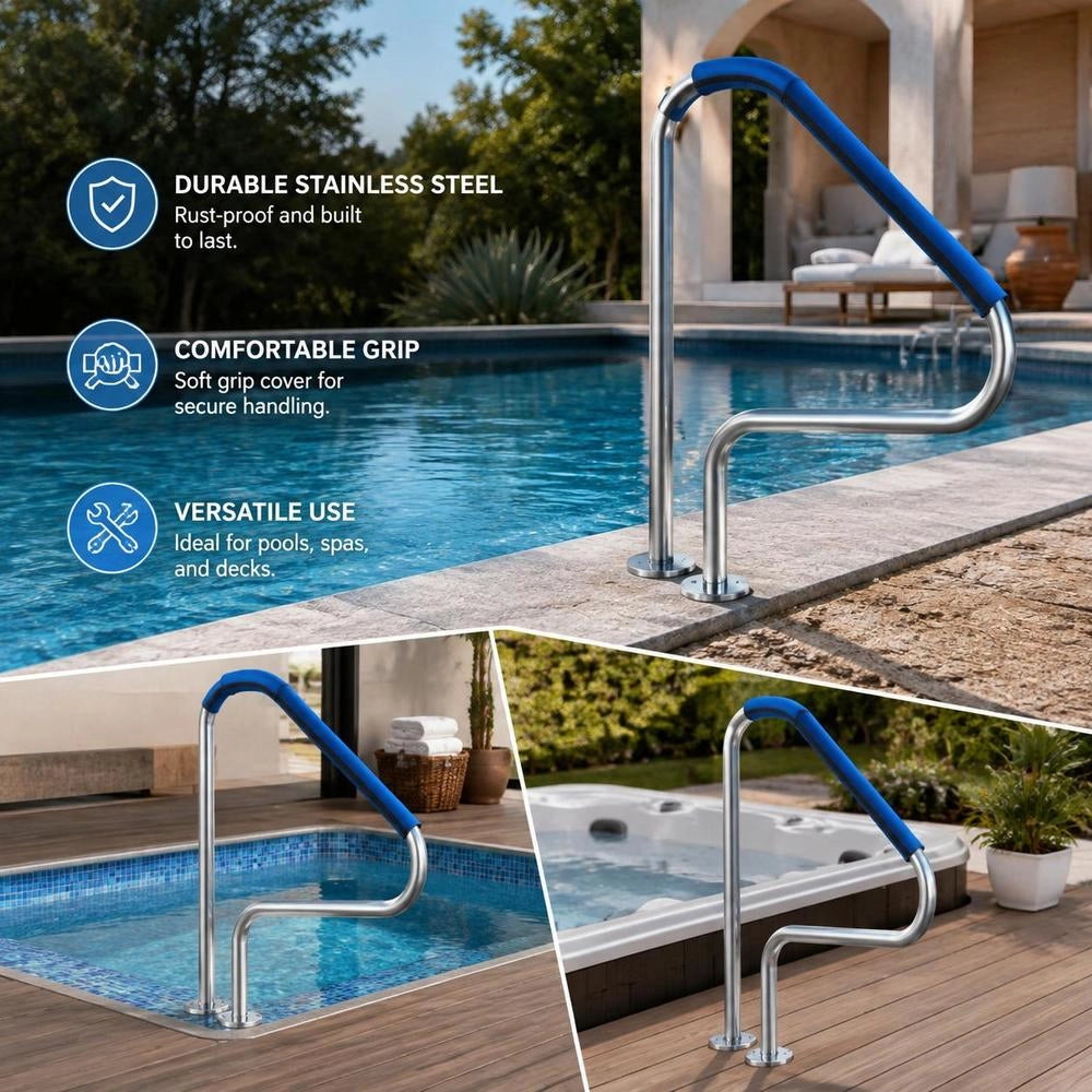 Pool Handrail, 1165 X 42 X 935 Mm, Stainless Steel (prefabricated) For Indoor/outdoor Pools, Pool Entry, Rustproof Grab Handle With Blue Handle Cover & Accessories For Spas, Entry Aid