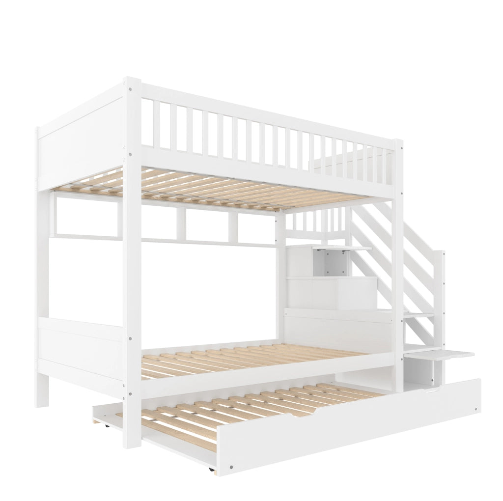Letto a castello per bambini con letto estraibile, armadio, ripiani e scaletta contenitore, 90x200 cm, bianco