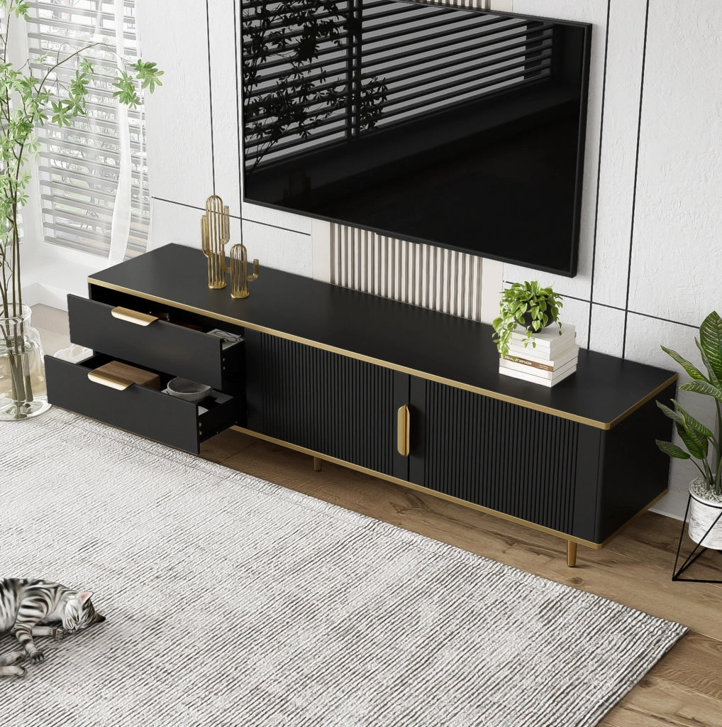 Mobile TV 170x45x37 cm con 2 cassetti e vani chiusi in MDF nero e oro