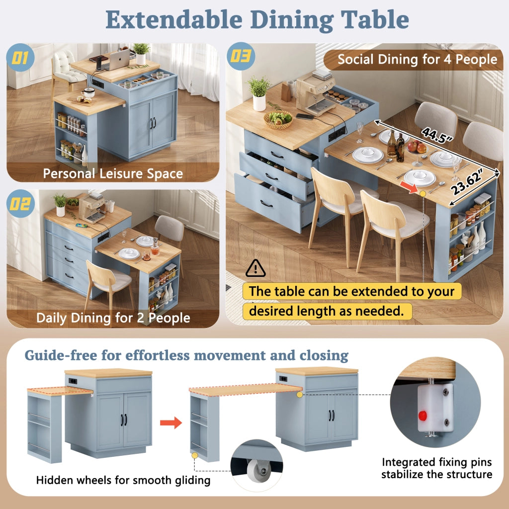 Tavolo allungabile per cucina con ripiani cassetti LED USB e Type-C blu 125.5 × 71 × 93 cm