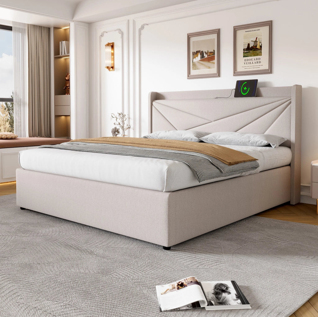LETTO Contenitore 160x200 cm con USB e USB-C Beige in cotone e lino