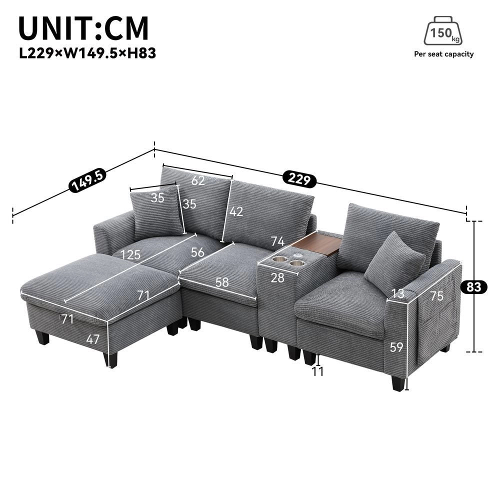 Divano angolare a L - Xylo - Velluto, console con USB, ripostiglio, grigio