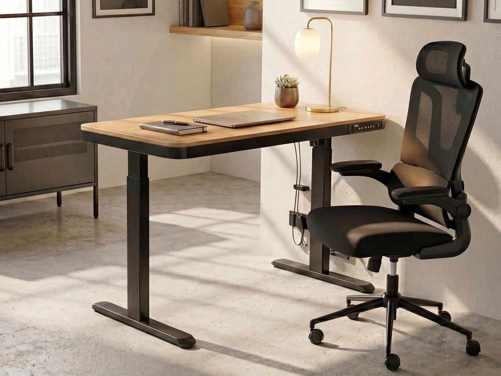 Adjustable Desk Light Brown Top Black Steel Frame and Legs 120 x 60 Stand and Sit Home Office Stand and Sit Scandinavian Design