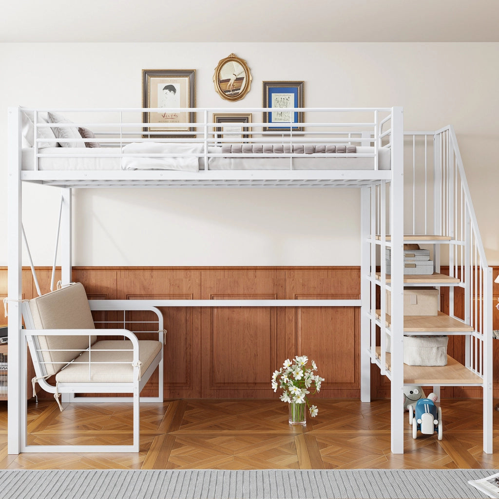 Letto a castello 90x200 cm con scala contenitore e divano removibile in metallo