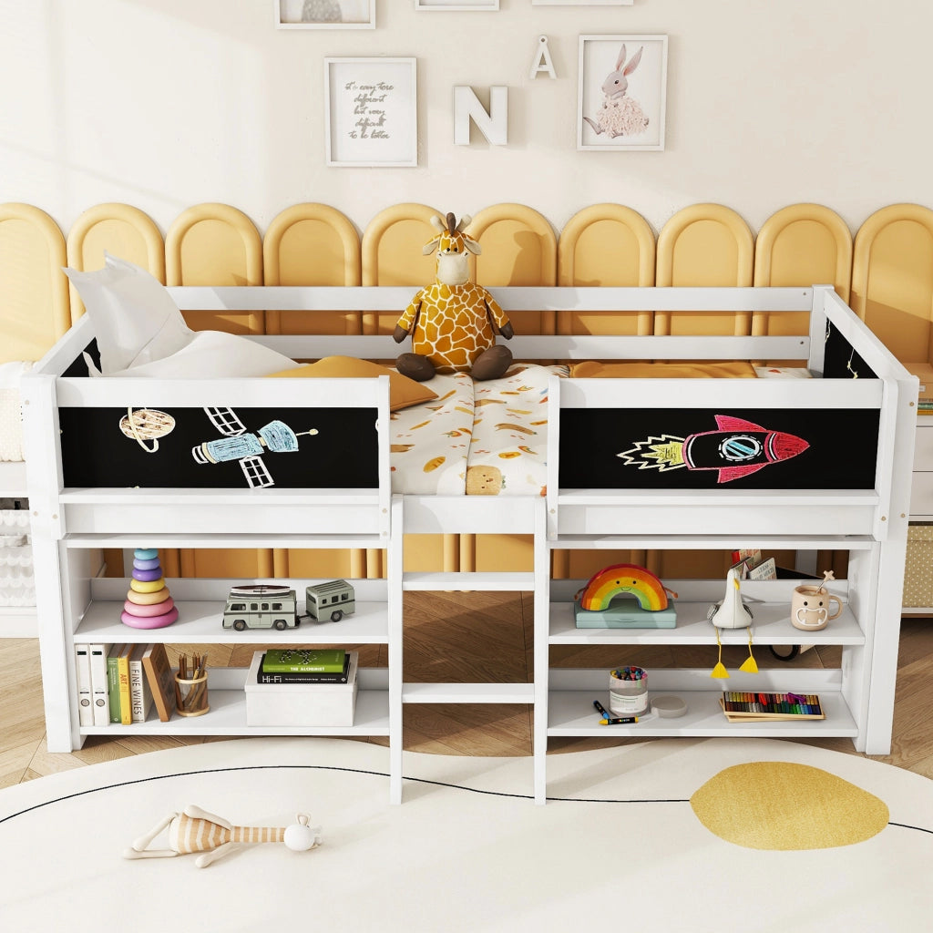 Letto per Bambini Semialto 90x200 cm con Ripiani; Scala e Sponde di Sicurezza; Pino e MDF Bianco