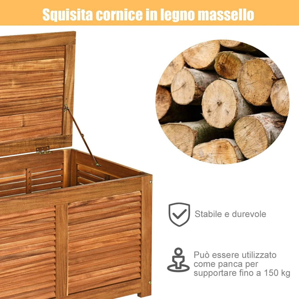 Baule da Giardino, Scatola Portaoggetti da Esterno in Legno con Capacità di Contenimento di 235 Litri, 120,5 x 44,5 x 44,5 cm