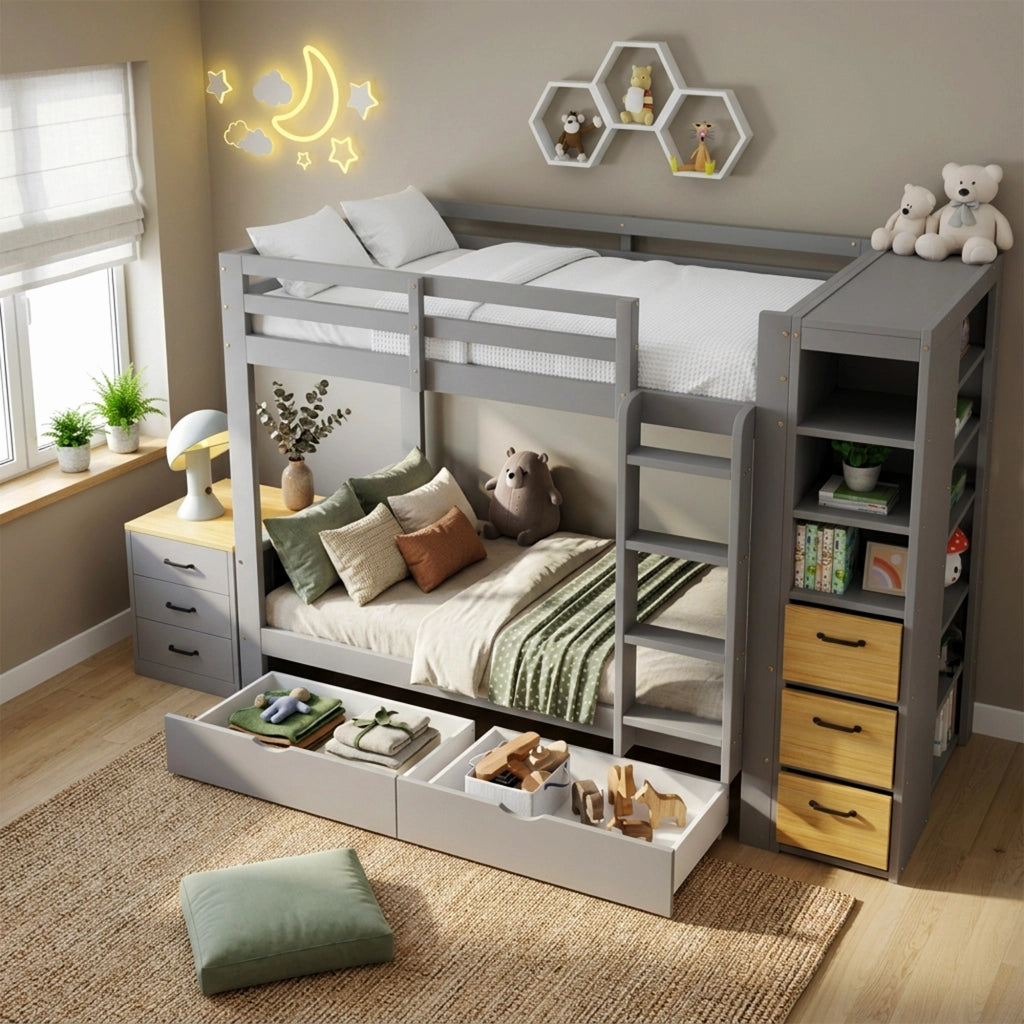 Letto a castello 90x200 cm grigio con cassetti; ripiani laterali e comodino separato