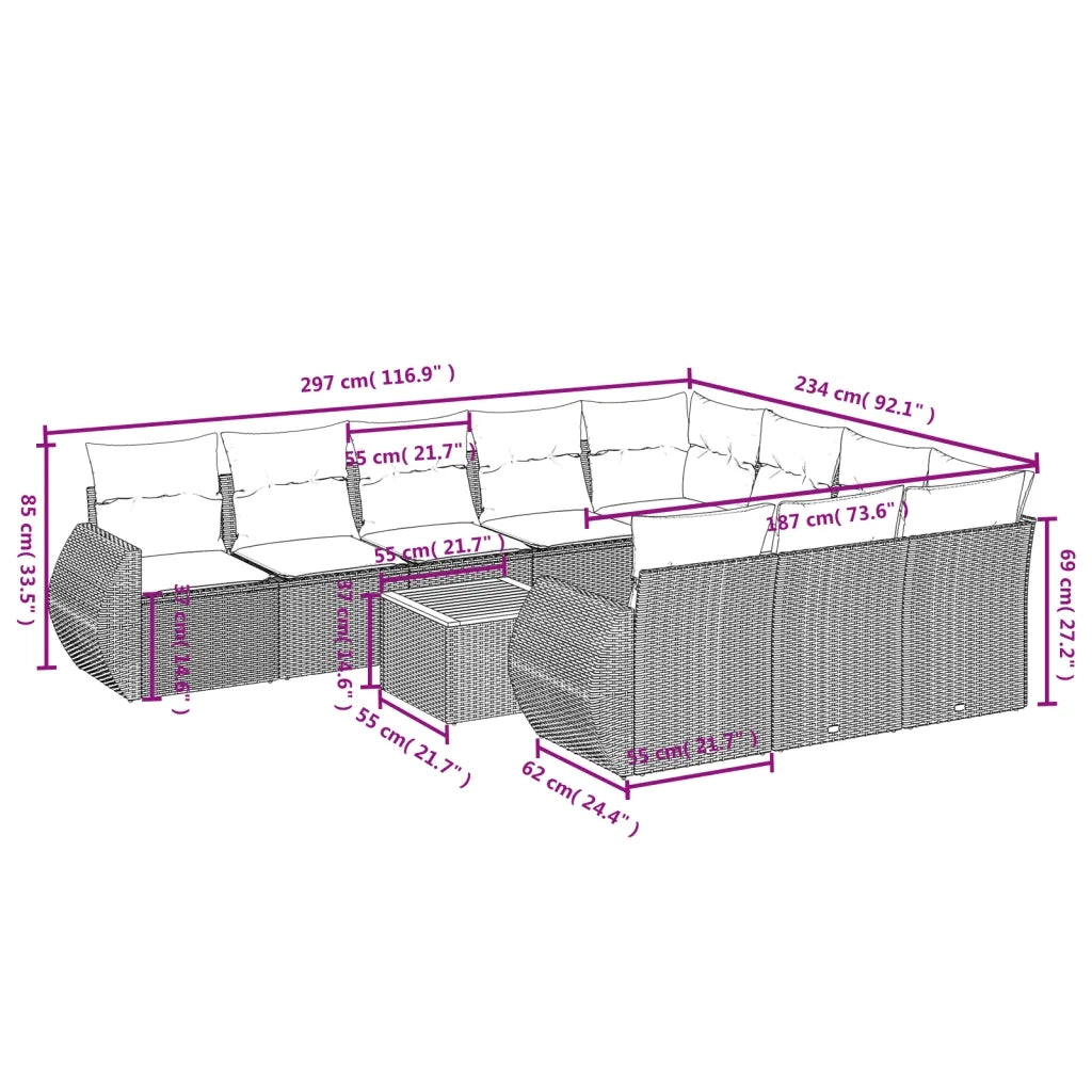 Set Divani da Giardino 11 pz con Cuscini in Polyrattan Grigio 3225185