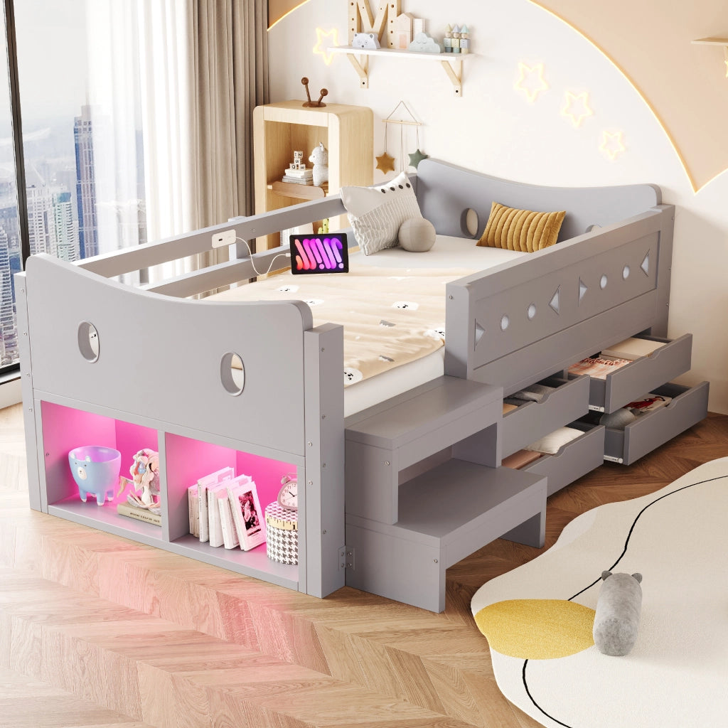 Letto per bambini 90x200 cm con LED; USB e Type-C; 4 cassetti; sponde e scale; legno grigio