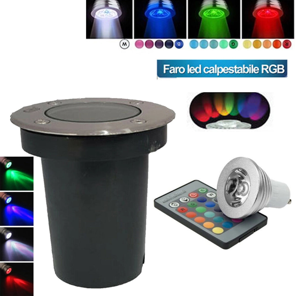 FARETTO FARO CALPESTABILE GU10 LAMPADA SEGNAPASSO RGB 3W CON TELECOMANDO ESTERNO