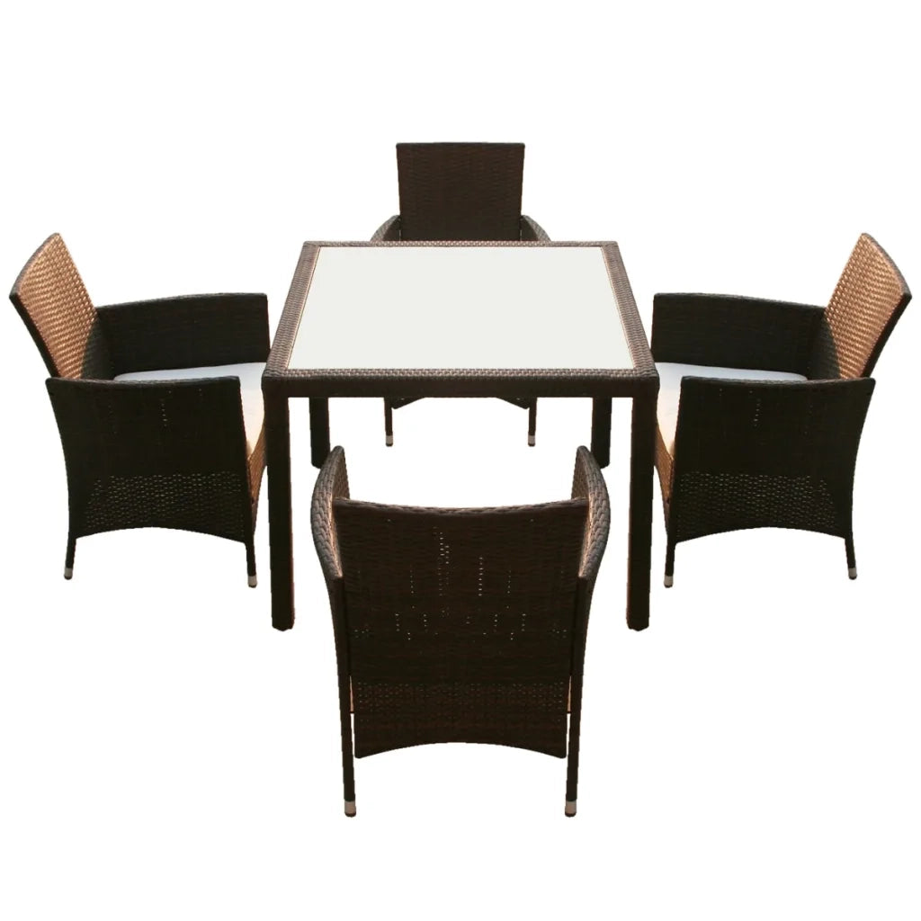Set da Pranzo da Giardino 5 pz con Cuscini Polyrattan Marrone