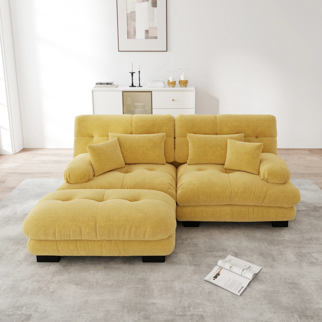 Divano Angolare Chenille 3 Posti con Ottoman e Cuscini ¨C Xylo ¨C Giallo