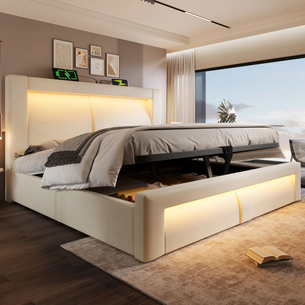 Letto contenitore 140x200 cm LED USB Type-C in velluto beige