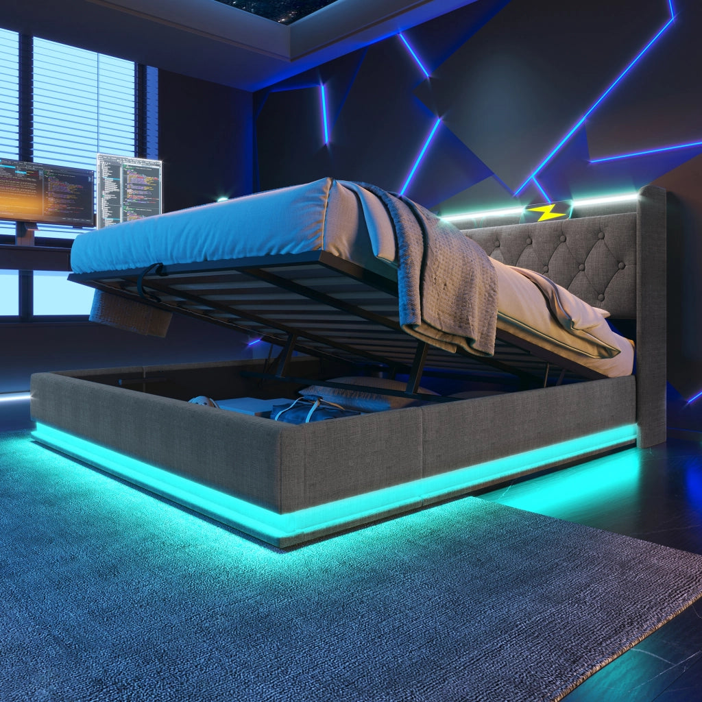 Letto imbottito grigio 180x200 cm con contenitore idraulico; LED e USB Tipo-C