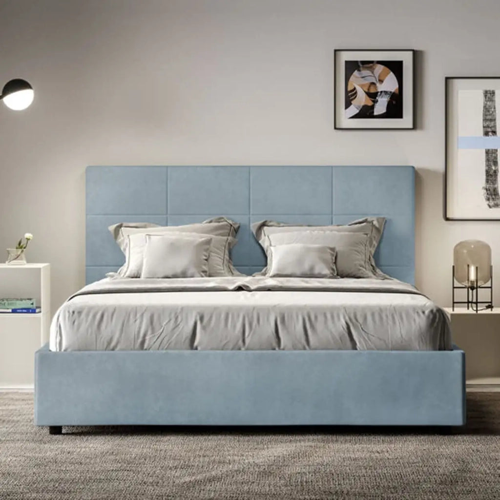 Letto matrimoniale con rete imbottito 160x190 microfibra azzurro Mika