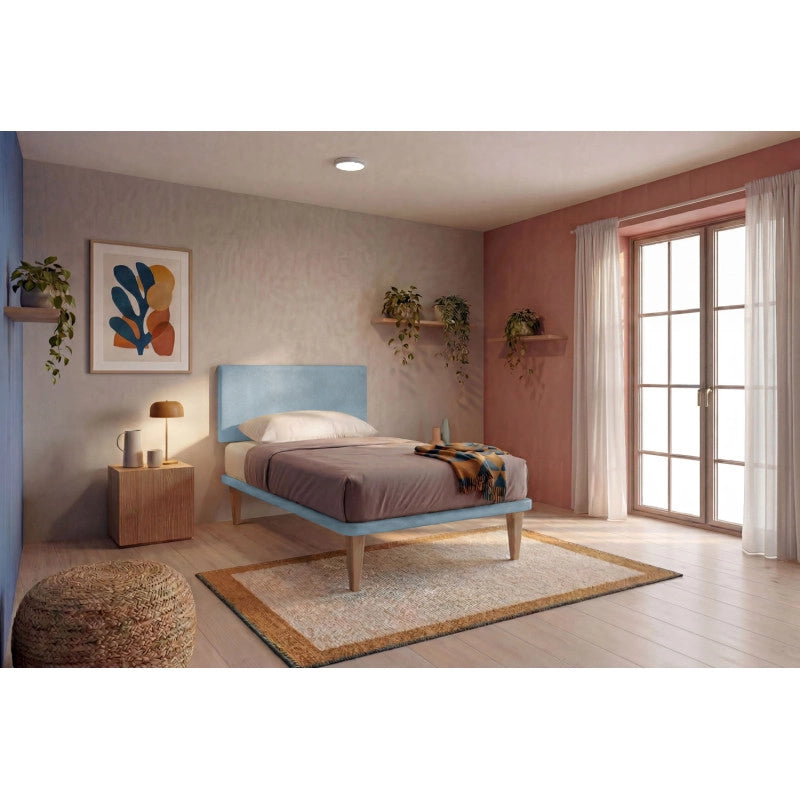 Letto imbottito Singolo 80x200 cm Flat - Con rete,Microfibra,Azzurro