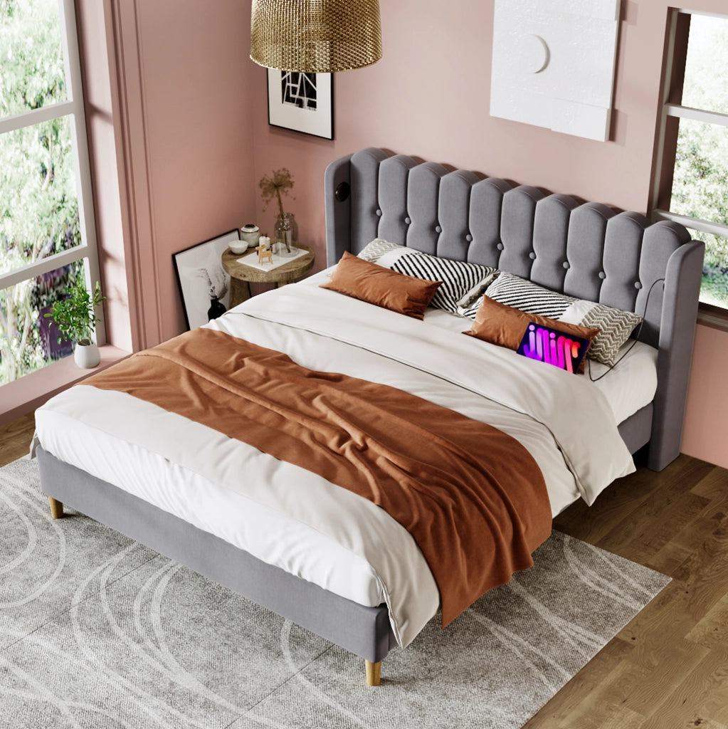 LETTO imbottito 160x200 cm in lino grigio con USB e Type-C