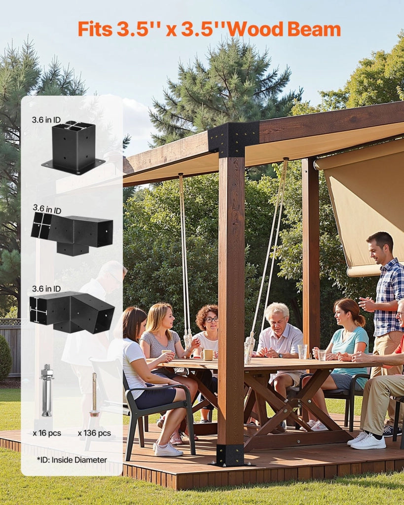 Kit per Pergola in acciaio al carbonio, 8 Pezzi Staffe Inclinate a 3 Vie 92 x 92 mm, Adatto per Travi da ca.1067 x 1067 mm con Accessori per Montaggio