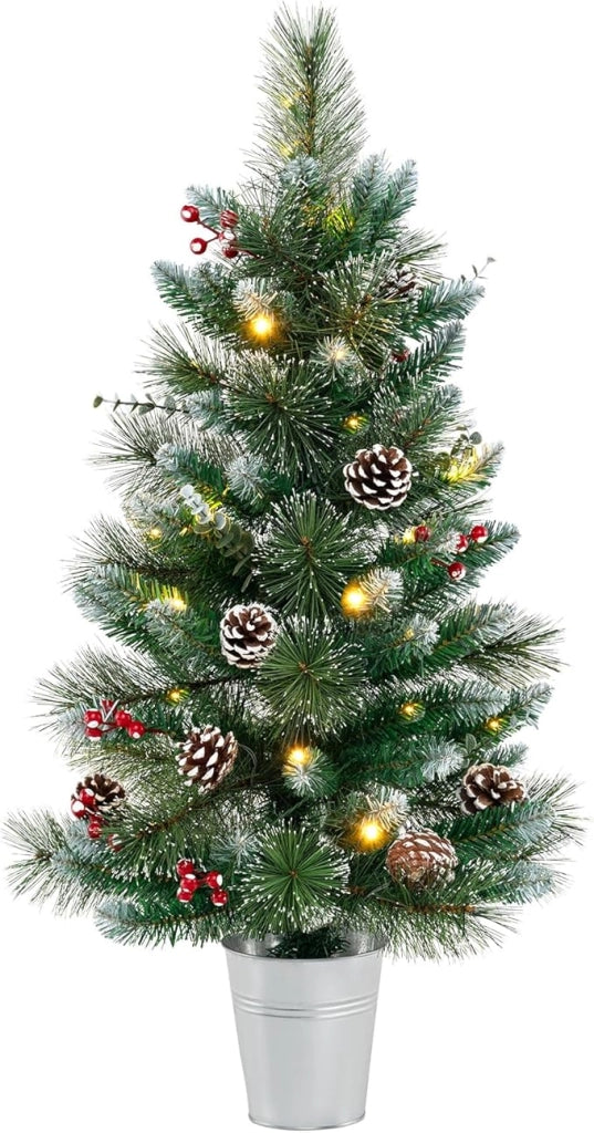 Albero di Natale Artificiale Piccolo 90 CM, Albero di Natale Piccolo da Tavolo a Batteria con 81 Foglie in PVC e Pino, 20 Luci LED Bianche Calde, 8 Modalità, Timer, Bacche e Pigne