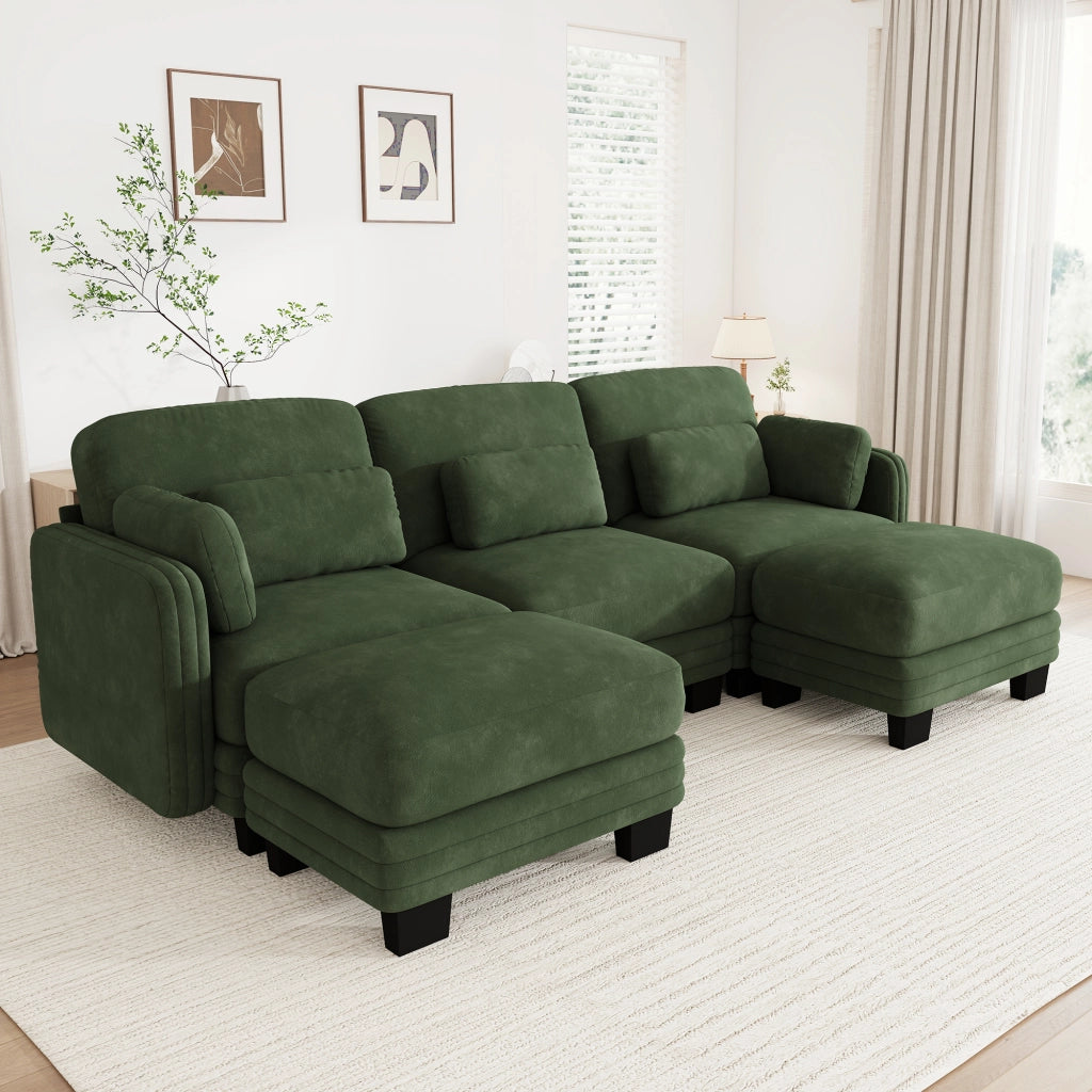 Divano modulare a U 3 posti in ciniglia verde con pouf e cuscini regolabili