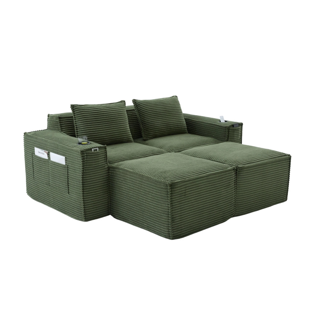 Divano modulare 2 posti con pouf, porta bicchieri e tasche laterali, verde