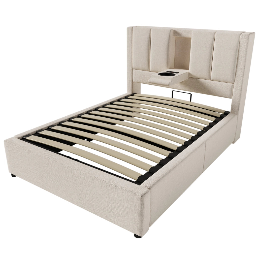 Letto imbottito 90x200 cm beige con contenitore, rete, materasso e testiera con USB/Type-C