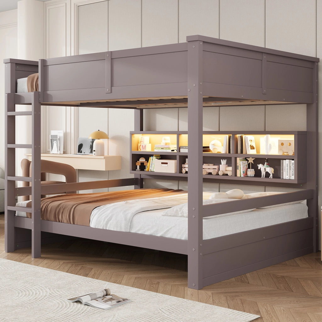 Letto a castello 160x200 cm con 6 armadietti e illuminazione LED in pino e MDF marrone