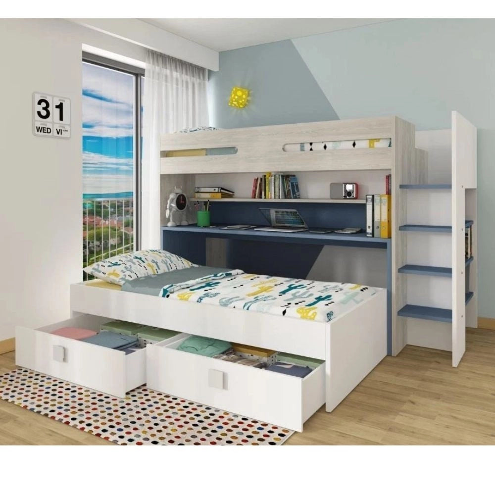 Letto a castello con scrivania estraibile 6070 colore bianco celeste
