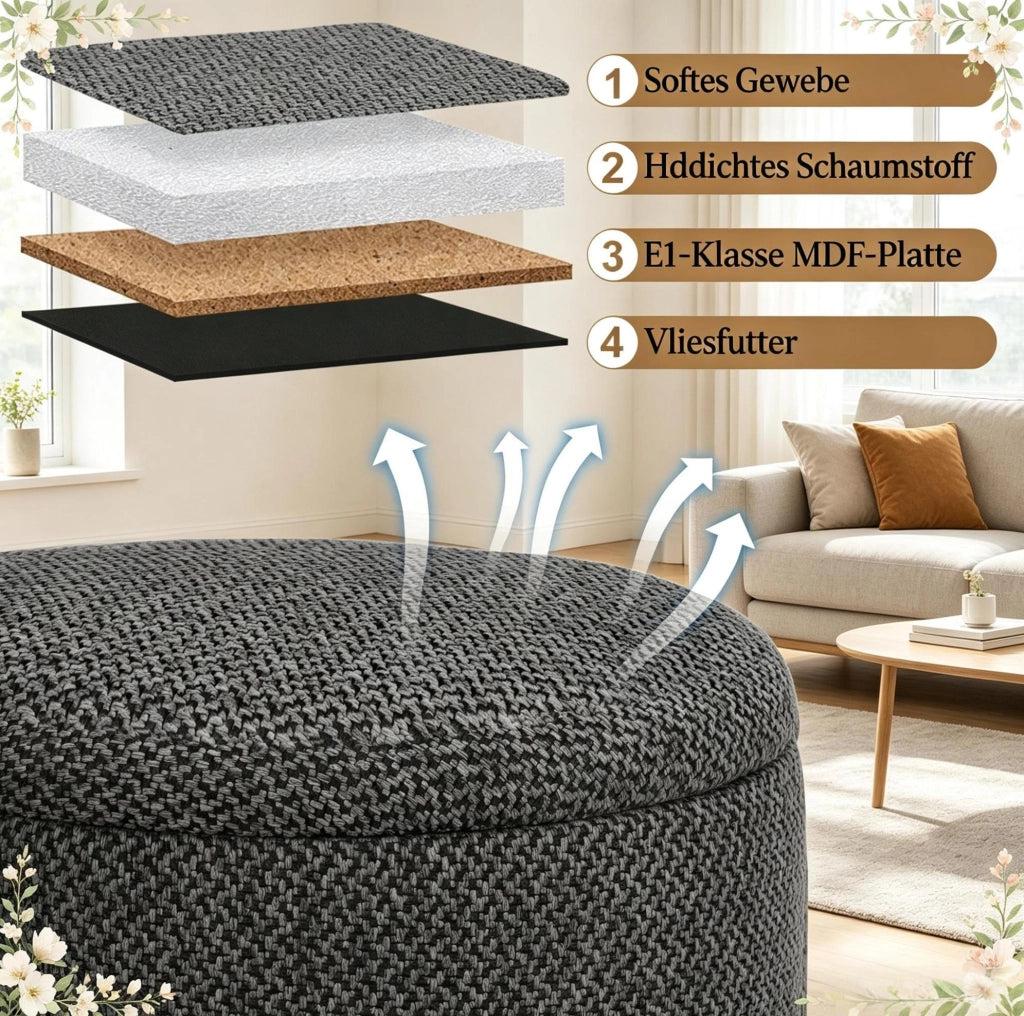 Puff rotondo con contenitore e vassoio in lino scuro 39x39x33 cm