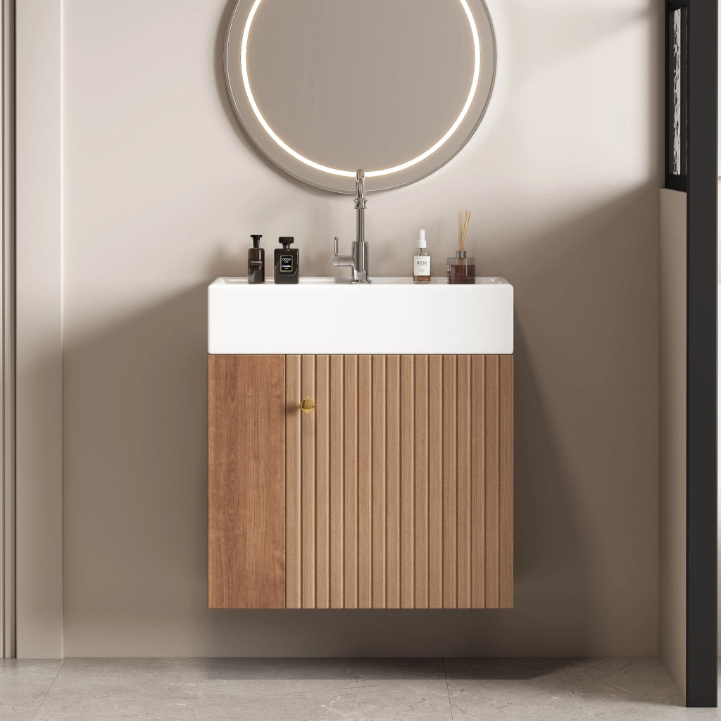 Mobile bagno sospeso con lavabo in ceramica 55 cm; design compatto con motivo 3D; MDF; marrone