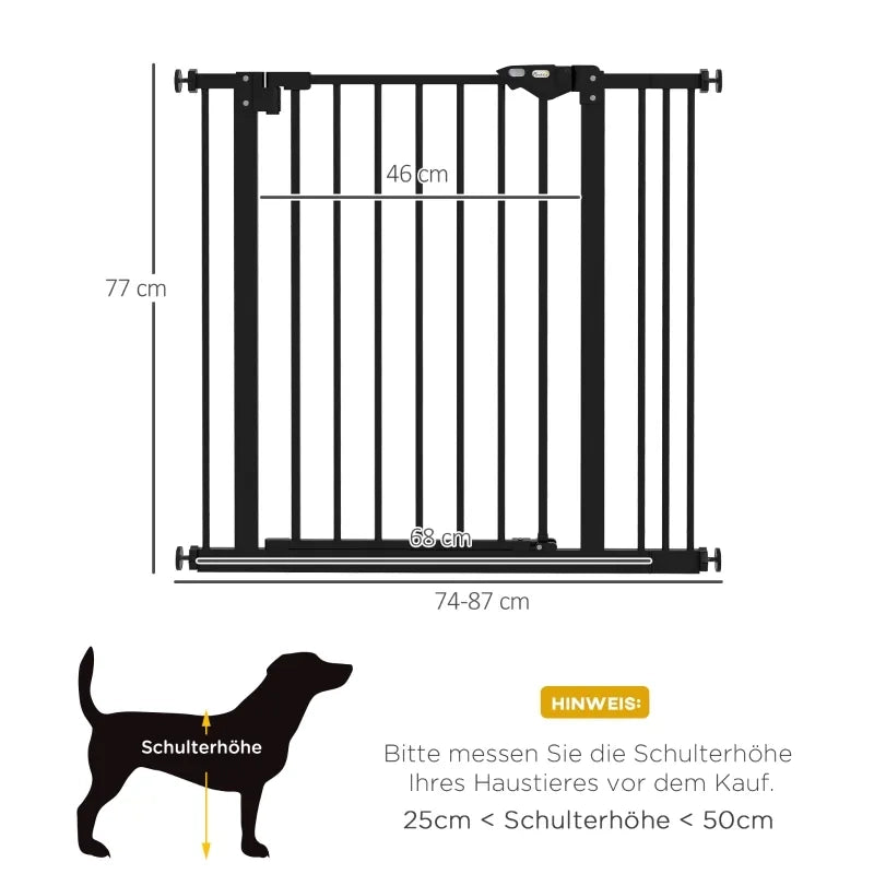 Cancello di sicurezza per cani e animali domestici, metallo e plastica, nero, 74-87 cm