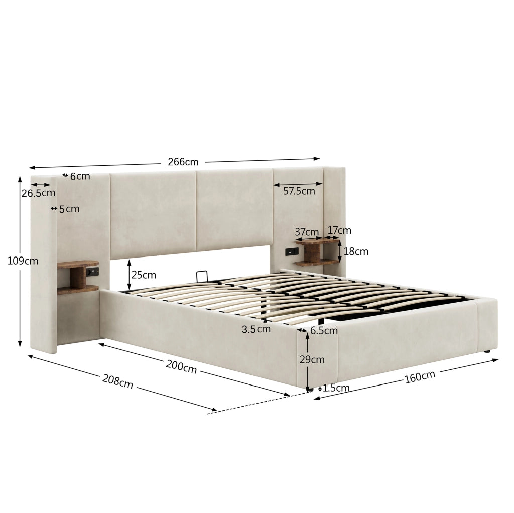 Letto contenitore 160x200 cm beige con USB, prese e comodini