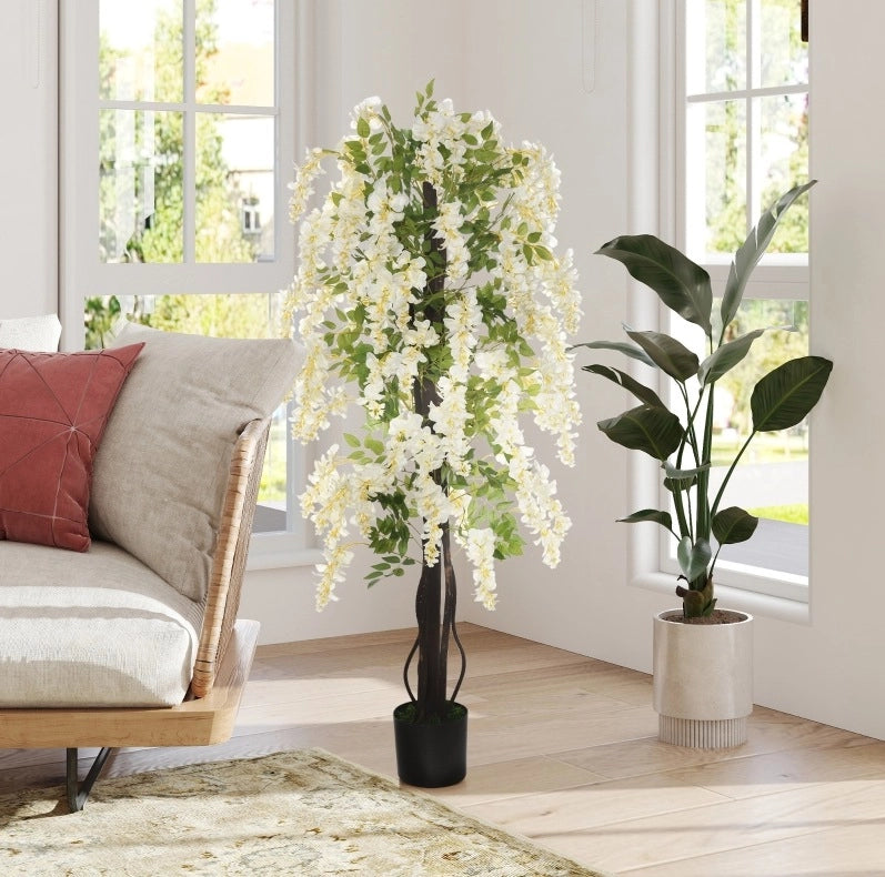 Glicine artificiale bianca 165 cm con vaso in cemento per interno ed esterno