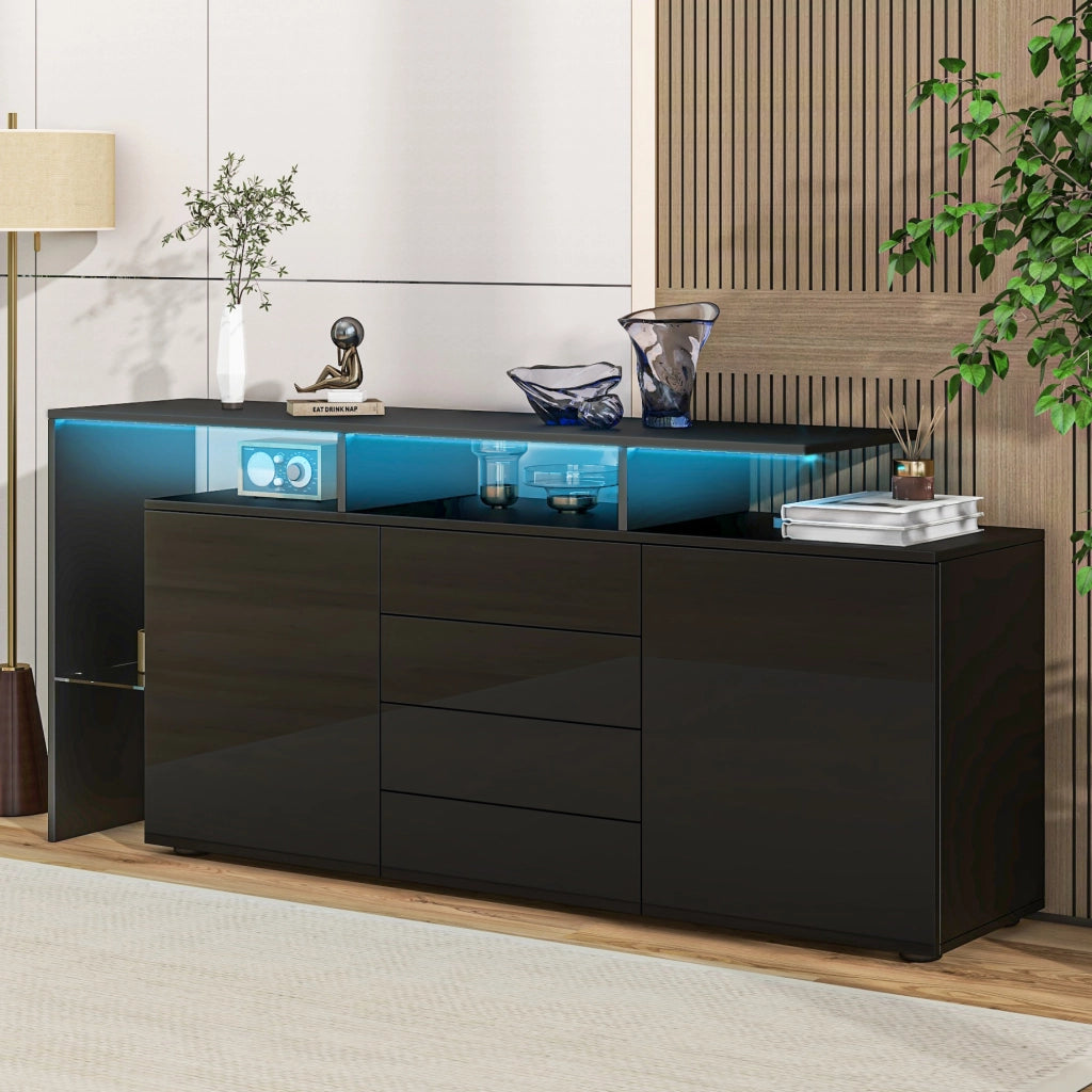 Sideboard con LED e USB 160 cm; 4 cassetti; 2 ante; in truciolare nero