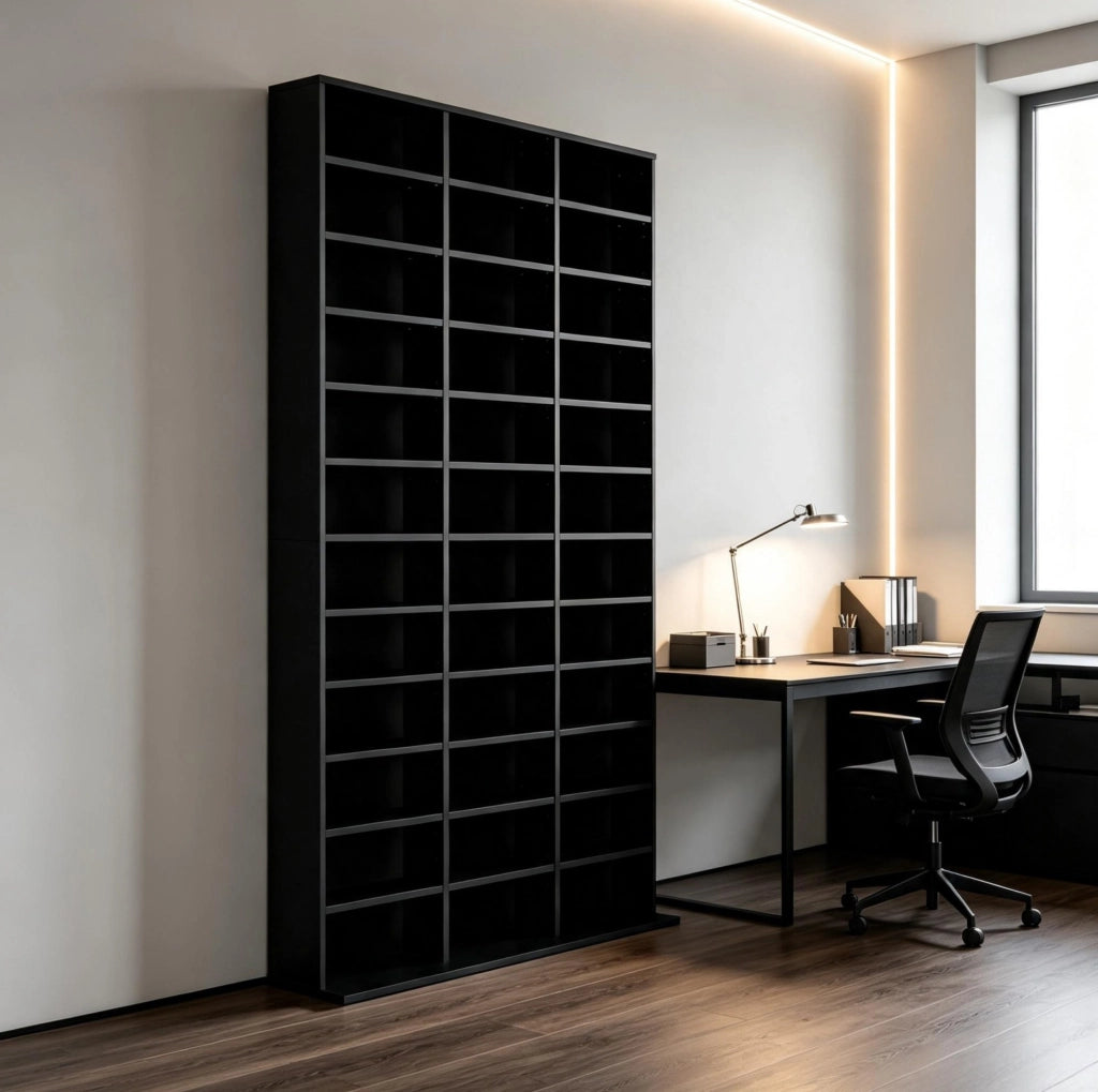 Scaffale Stand per Media in MDF Nero, Capiente per CD e DVD, 102x23,5x195 cm