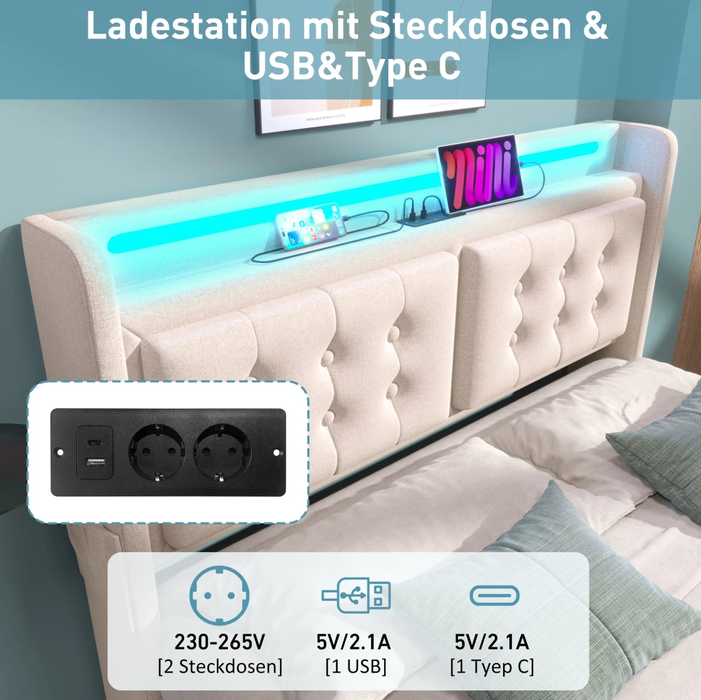 LETTO Contenitore 160x200 cm Beige in Cotone e Metallo con LED e prese USB