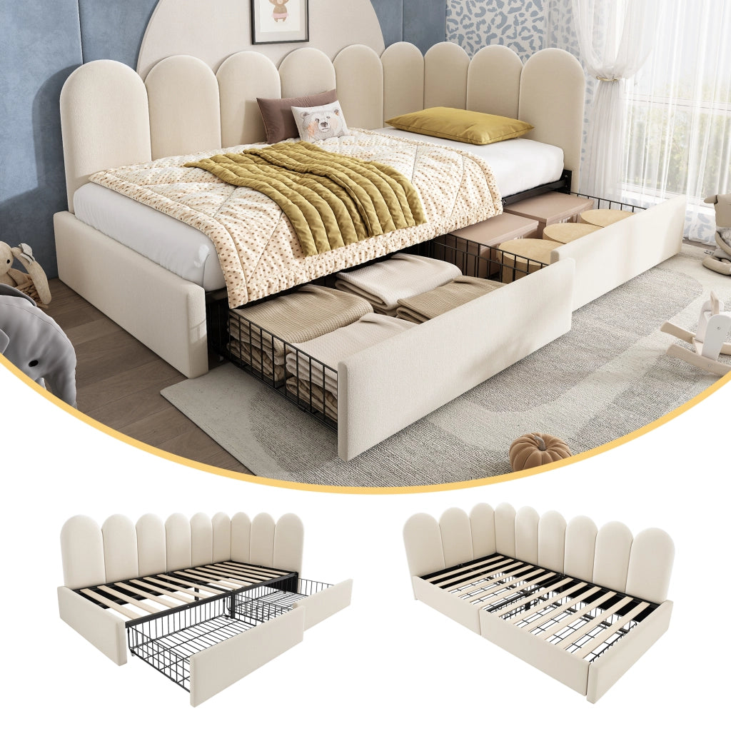 Letto contenitore con due cassetti 90x200 cm beige in velluto