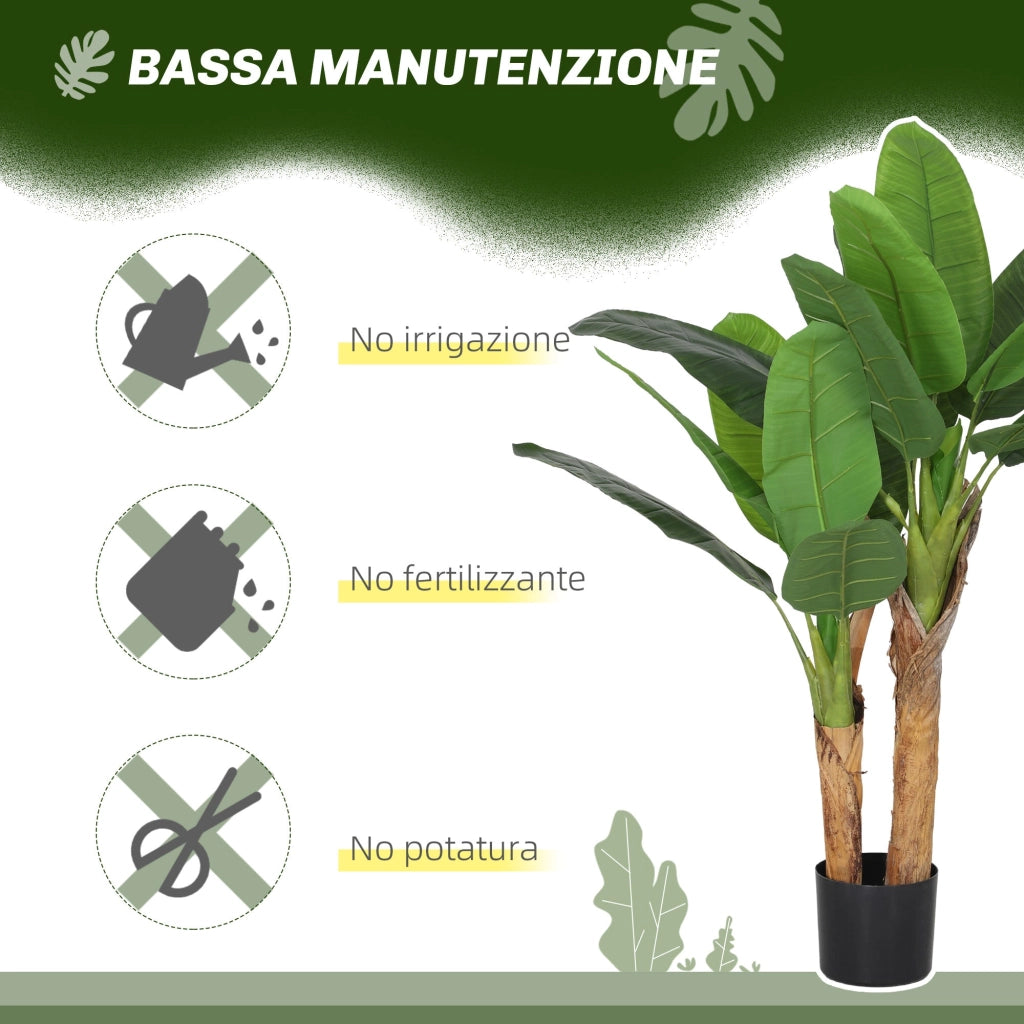 Pianta Artificiale di Banano 120 H cm per Interni con Vaso Nero