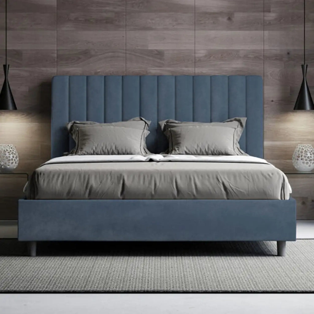 Letto matrimoniale francese senza rete imbottito 140x210 microfibra blu Agueda