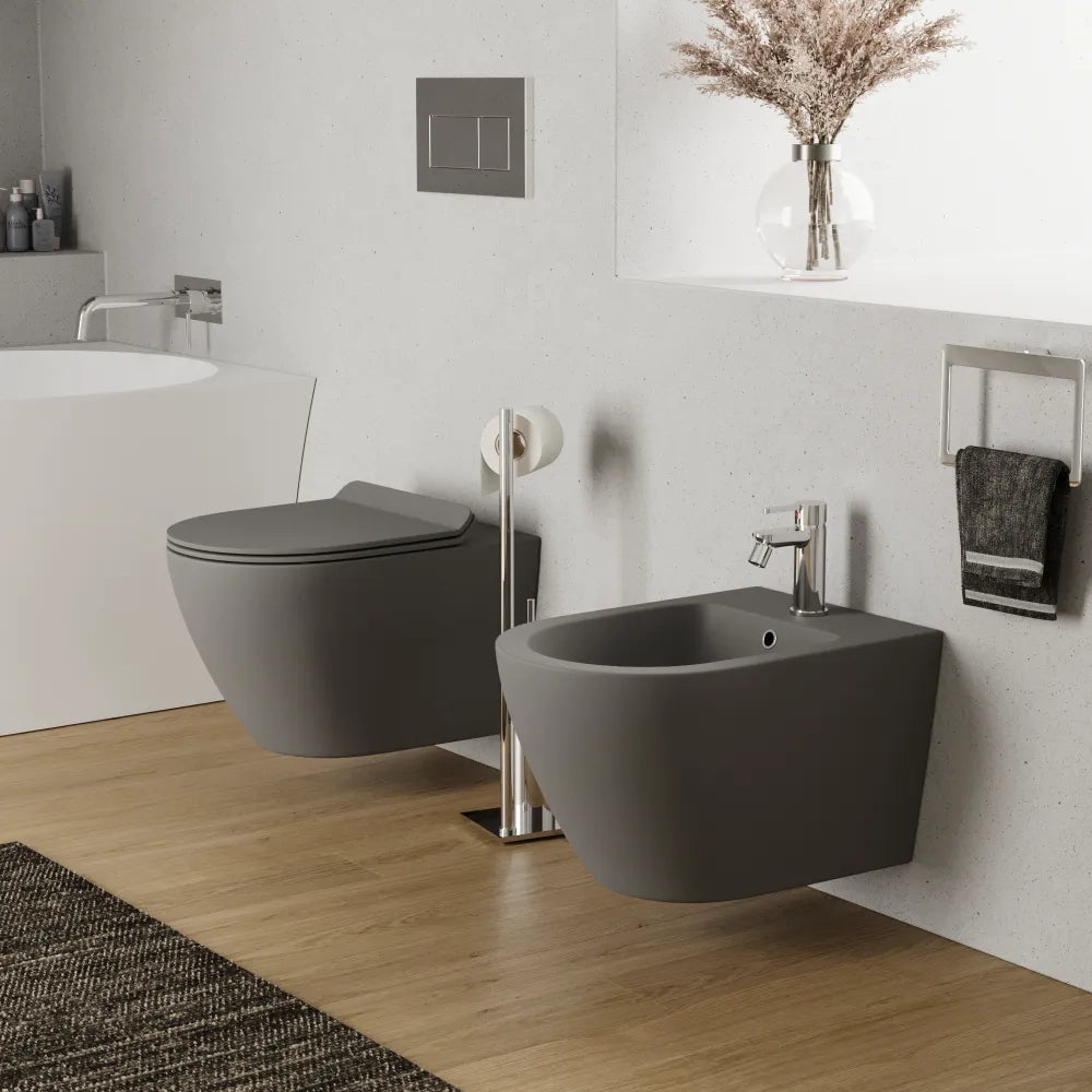 Sanitari sospesi in ceramica grigio opaco vaso rimless sedile soft-close e bidet | Sydney