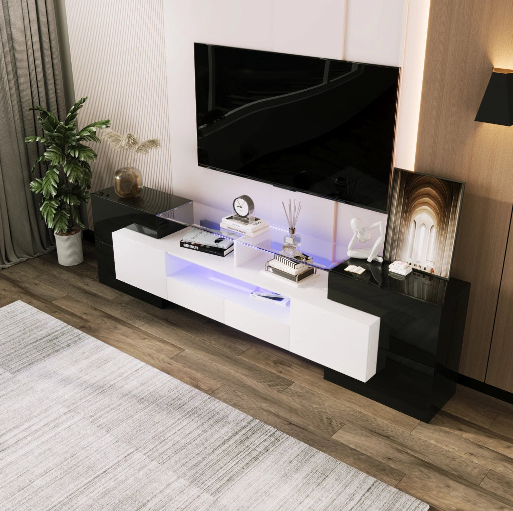 Mobile TV 200x35x60 cm con LED multicolore, 4 ante e 2 cassetti in truciolare e MDF