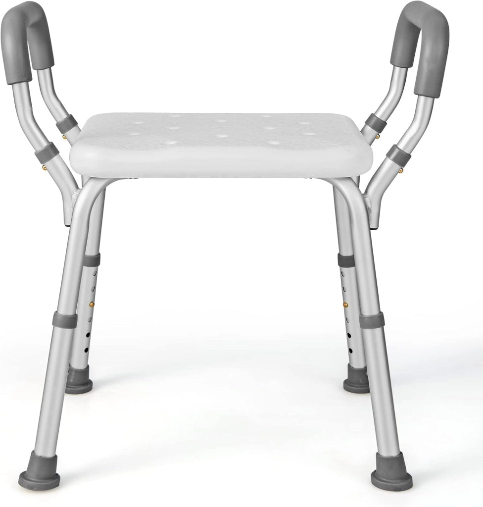 Sgabello Doccia Anziani 59 x 43 x 67cm, Sedia per Doccia Regolabile in 6 Altezze con Braccioli Imbottiti Staccabili e Piedini in Gomma Antiscivolo, Capacità di Peso 100 kg (Grigio)