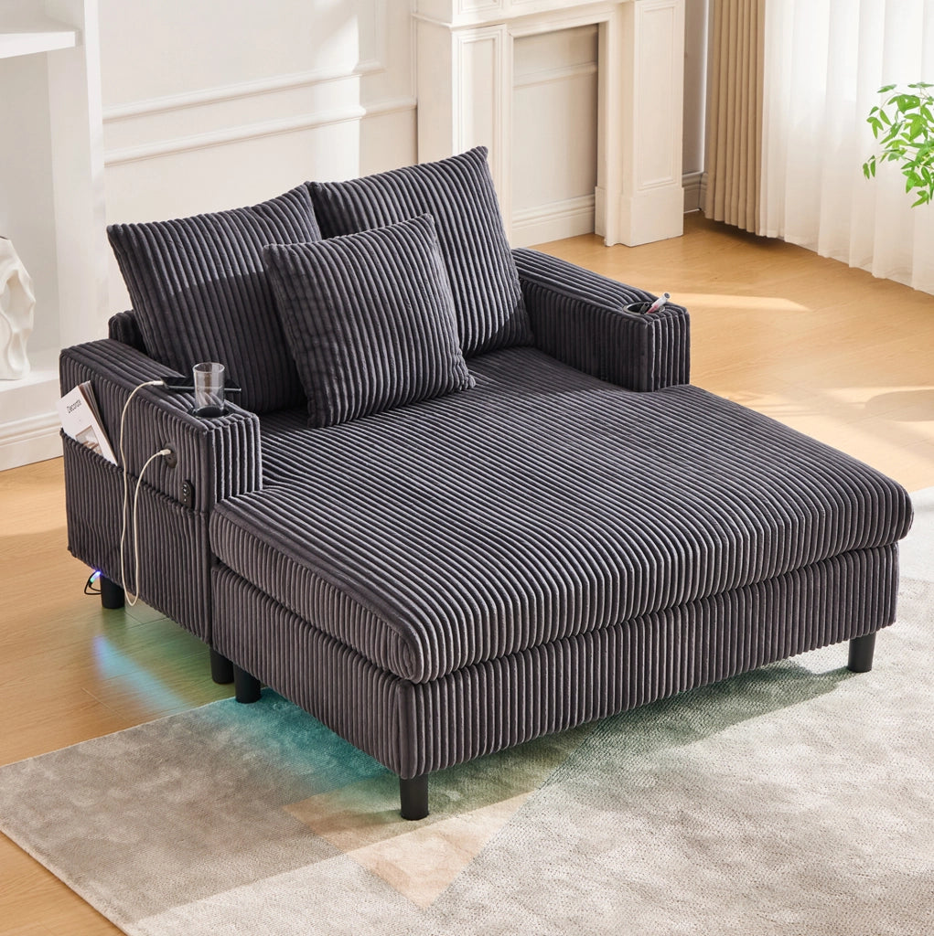 Poltrona relax extra large con LED multicolore; USB e portabicchieri in velluto a coste grigio scuro